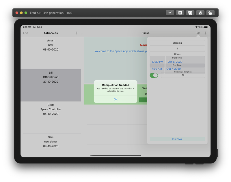 Edit Modal for task for percentage complete