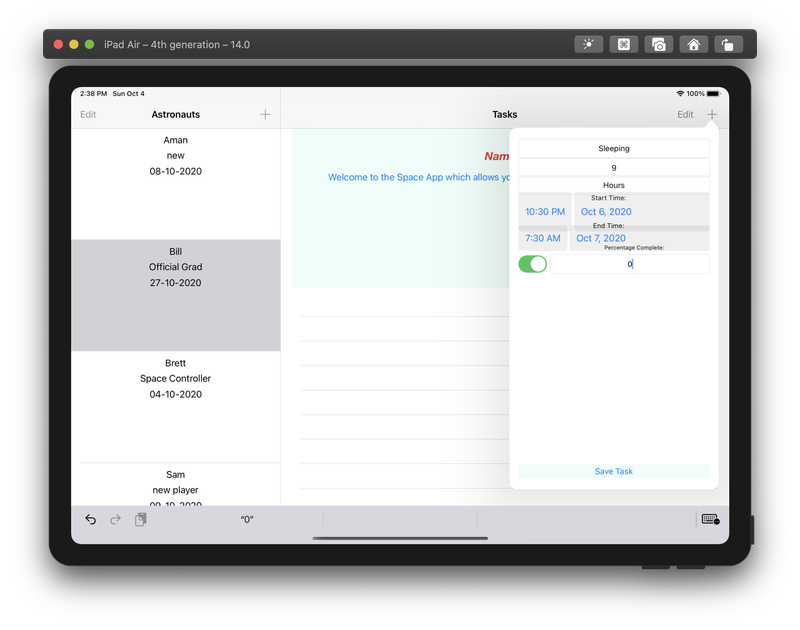 Add a Task for Astronaut Modal