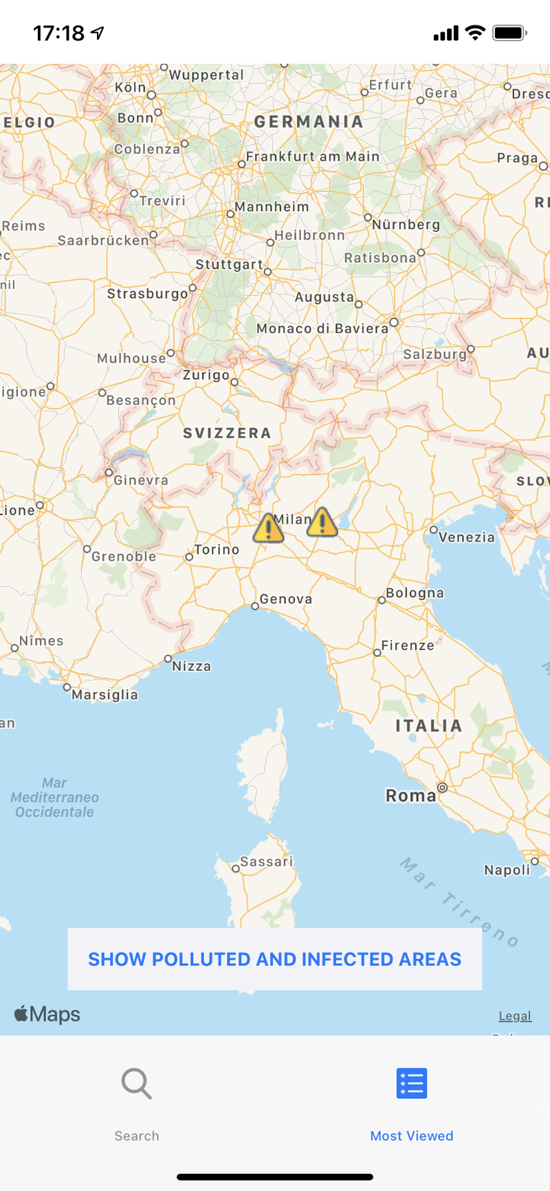 Our homepage prototype! Here you can see the most polluted and most infected areas (we have started with Italy but we'll add more)