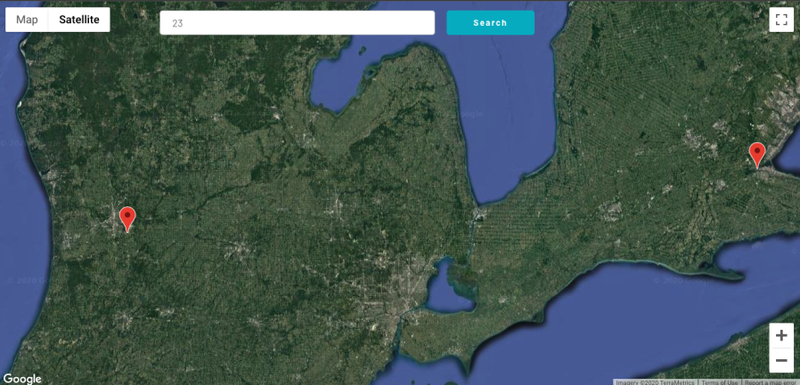 Place markers on maps indicate potential agriculture sites. When user clicks on a marker, information including air pollution and temperature grading are displayed.