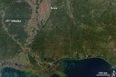Red dots mark the locations of fires burning in the southern United States on October 15 , 2005 . Because there are several fires scattered across a wide region , they are likely agricultural fires , set to manage vegetation . Some of the fires produced white _gray plumes of smoke . Even though the fires are small , widespread burning can seriously impact regional air quality.
