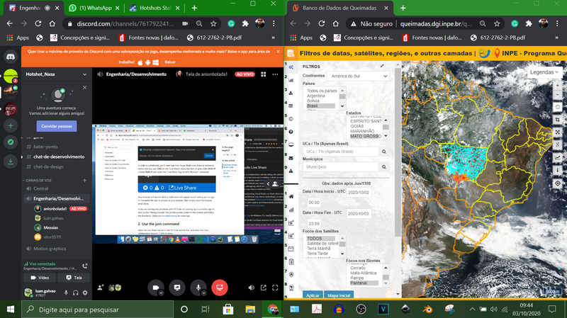 Starting work on Saturday studying the historical data of fires in the biome of the Pantanal of Brazil. We are using the "Discord" tool to hold simultaneous meetings and work on the project. To study the history of burning in the Brazilian pantanal, we are using the site: http://queimadas.dgi.inpe.br/queimadas/bdqueimadas#exportar 