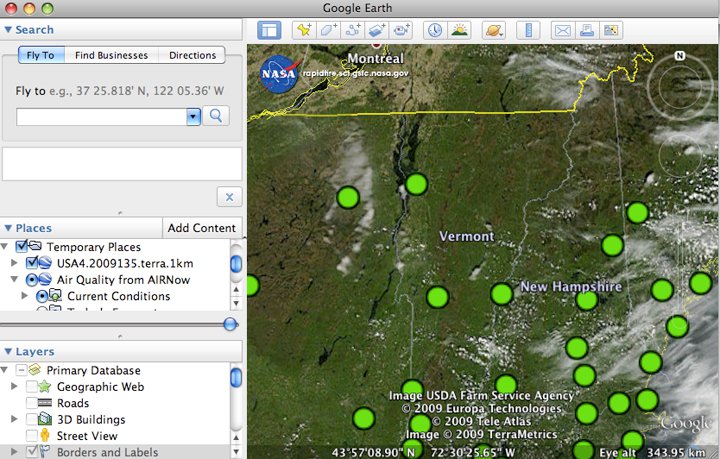 Current air quality conditions from EPA ground measurements are overlaid on current MODIS satellite image in Google Earth .