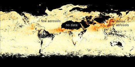 Aerosol optical thickness images reveal how much pollution particles blocked light . In this image , from the month of April 2009, dense aerosol ( probably dust ) extended west from Africa and hung over Asia ( haze ). The measurement can't be made over bright surfaces like ice , deserts or clouds , so these " no data " regions are covered with black masks.